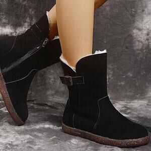 Black Ankle Boot Womens Size 5.5 Buckle Accent Faux Fur Bootie